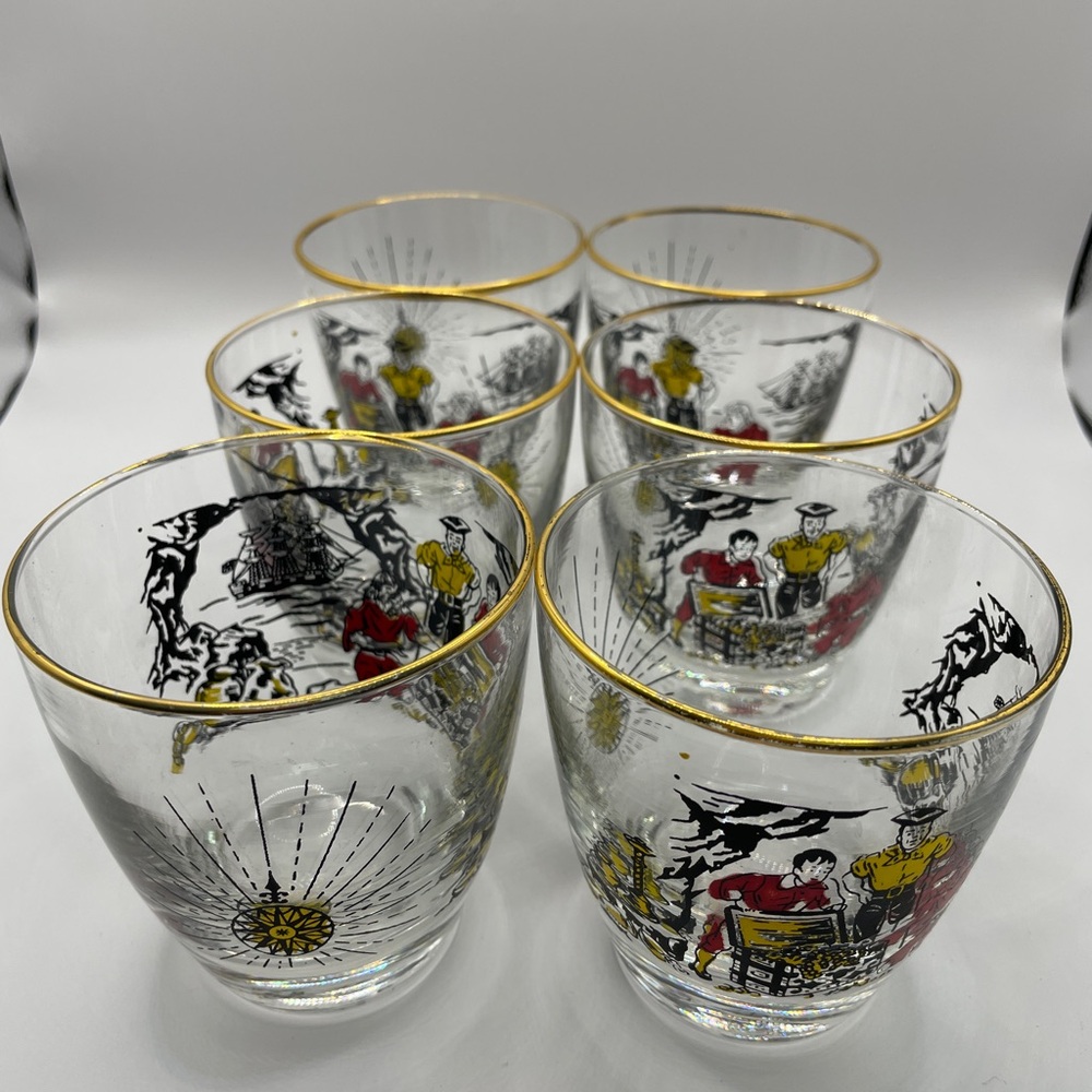 Vintage MCM Libbey Glass Treasure Island Gold-Rimmed 8oz Glasses Set